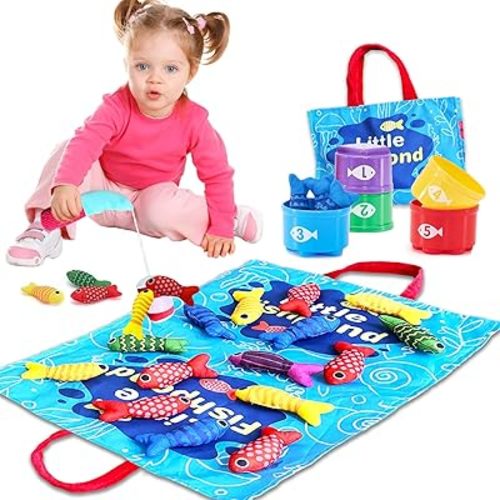 Montessori Toys for 1 Year Old, 22PCS Cloth Fishing Game with Stacking Cups Sensory Baby Toys 6-12 Months,Toddler Education Learning Toys for 1 2 Year Old Boy Girl Gifts (Fish)