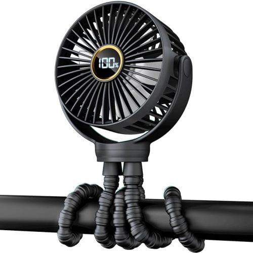 Portable Stroller Mini Fan, Small Rechargeable Personal Fan, Baby Travel Essentials for Wagon, Car Seat, Treadmill, Battery Powered Biking Gear Accessories, 360° Rotation, 3-Speed, Display, Black