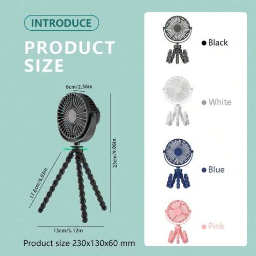 Black Baby Carriage Fan, Battery Powered Small Clip-On Fan, 360° Rechargeable Flexible Handheld Function