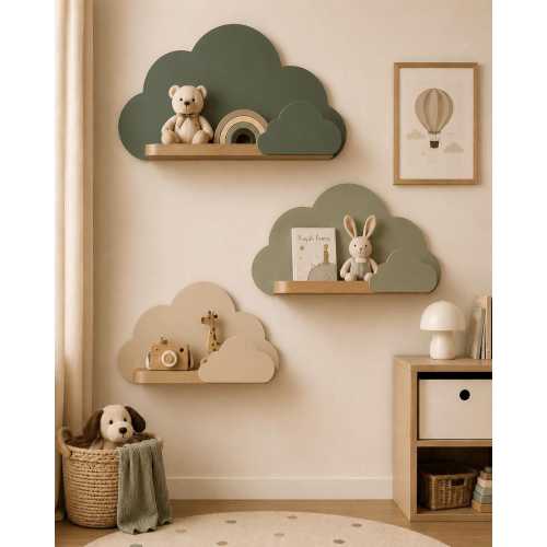 Set of 3 Sage Green Cloud Shelves, Scandinavian Nursery, Wooden Baby Room Wall Art