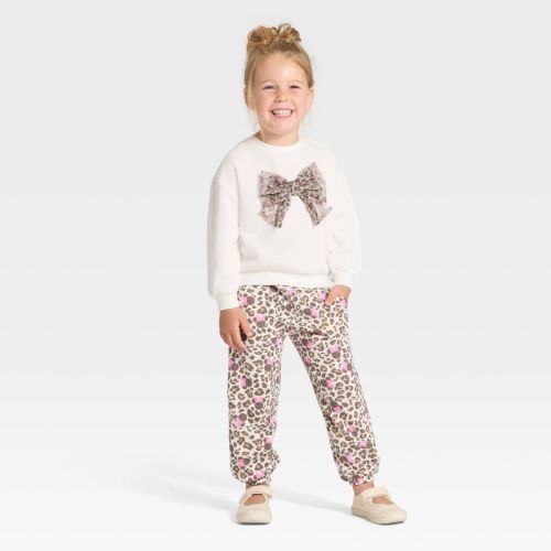 Toddler Girls' 2pc Disney Minnie Mouse Cozy Fleece Animal Prints Sweatshirt with Tulle Bow and Pants Set - Ivory