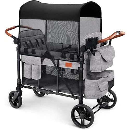 Wagon Stroller for 4 Kids, All-Terrain Wagon for Toddler with Canopy, Parent Organizer, Shoulder Bag, Adjustable Handlebar, Phone Holder, High Seat & 5 Point Harness, Ultimate Quad (Gray)