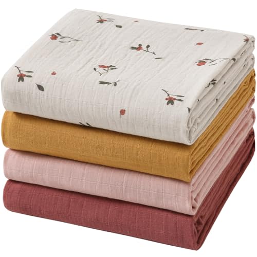 POMISO Muslin Swaddle Blankets for Boys & Girls, Newborn Receiving Blankets, 4 Pack Soft Breathable Baby Swaddles, Large 47x47 Inches, Red Berries & Earthy Colors