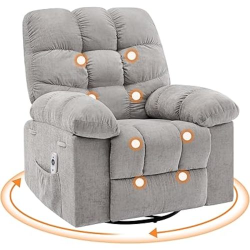 Oversized Swivel Rocker Recliner Chair for Adult, 360° Swivel Rock Recliner with Massage&Heating, Extra Wide Manual Recliners, Upholstery Overstuffed Soft Rocking Sofa Chair,Gray
