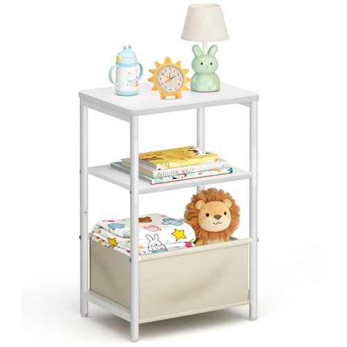 MISSLO Toddler Nightstand with Storage Basket Kids Night Stand with Large Tabletop Nursery Side Table for Living Room Easy Assembly Small End Tables for Small Spaces Toddler Bedroom Decor, White