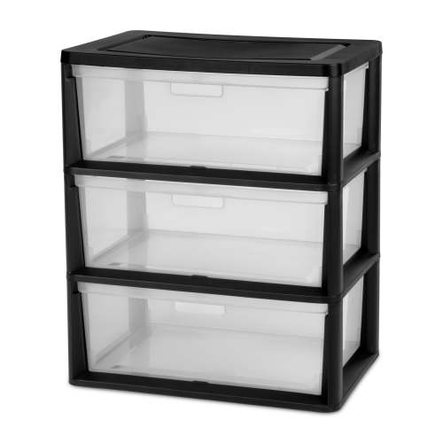 Sterilite Wide 3 Drawer Tower, Easy to Assemble with Removable Clear Plastic Bins, Tool-Free, Black