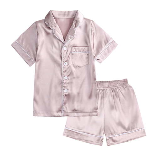 Odeerbi 6M-13Y Infant Boys Girls Silk Satin Pajama Set Cute Soft Pajamas Toddler Kids Solid Color Short Sleeve Sleep Suit Baby Clothes Khaki