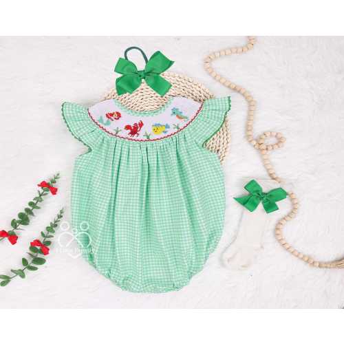 Princess Birthday Hand Smocked Bubble Romper Mermaid Theme Birthday Party, Green Gingham Dress, Baby 1st Birthday Outfit Set Baby Gift Ideas