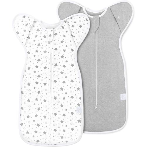 2-Pack Baby Swaddle Sleep Sack 3-6 Months - Arms Up Transitional Swaddles with Removable Cuffs & 2-Way Zipper, Gray Stars Design, Breathable Cotton Newborn Sack