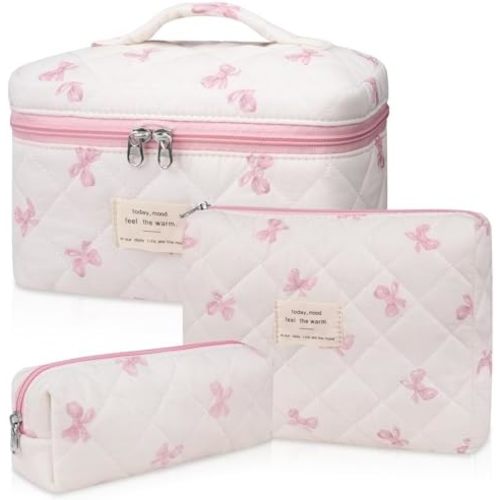 3PC Makeup Bag Set - White Pink Bow Tie