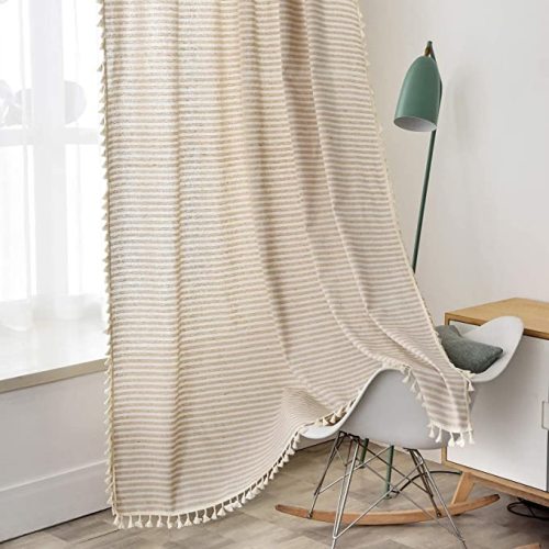 ColorBird Striped Semi-Blackout Window Curtains 2 Panels Farmhouse Style Cotton Linen Darkening Curtains with Tassel Rod Pocket Window Drapes for Dining Living Bedroom (52" W x 84" L, 1 Pair, Beige)