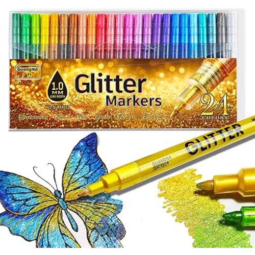 kander 24 Colors Glitter Markers, Acrylic Glitter Paint Pens Sparkle Shimmer Metallic Markers for Kids Adults Coloring Cards Wood Crafts Dual Tip Water Based glitter markers