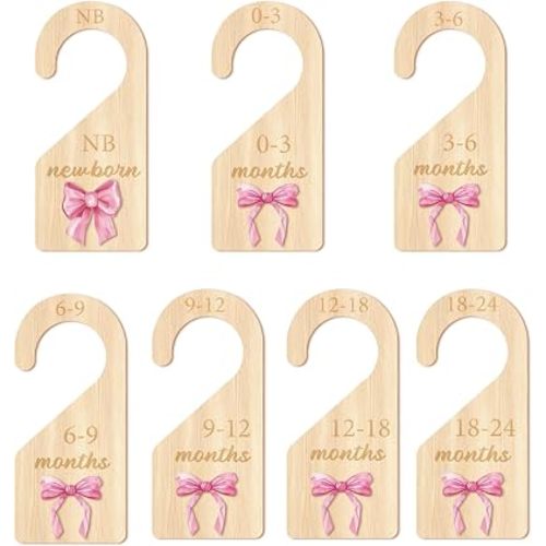 TheClover Wooden Baby Closet Dividers - 7PCS Nursery Closet Organizer with Pink Bow, Baby Clothes Size Dividers for Newborn 0-24 Months, Closet Organization for Wardrobe Storage