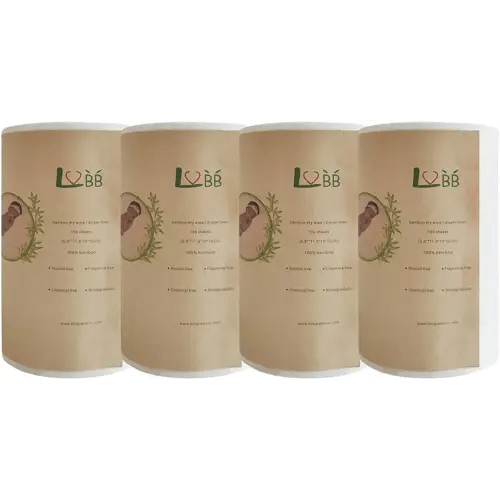 LVBB 100% Bamboo Unscented Biodegradable Cloth Diaper Liners, Gentle and Soft Diaper Liners, Fragance Free and Chlorine Free Cloth Diaper Liners Disposable,100 Counts/Roll (Pack of 4)