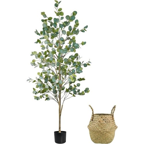 Faux Eucalyptus Tree 6FT, Artificial Potted Tree for Indoor Outdoor, Fake Floor Plants with Natural Wood Trunk, Home Office Living Room Bedroom Decor