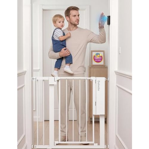 Babelio Smart Baby Gate with Auto-Unlock/Close, Pressure Mounted No Drill for Doorways/Top of Stairs. Pet/Dog Door Wide Walk Thru w/Infrared Sensor & Safety Alert (White, 30.3-47.2" W, 30" H)