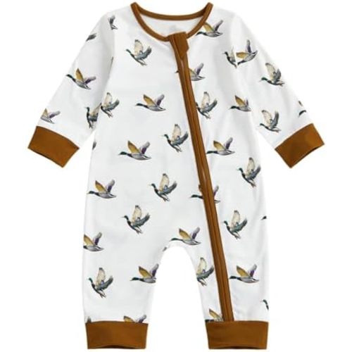 Biayxms Infant Baby Boy Girl Mallard Duck Romper Jumpsuit Long Sleeve Zip Up Duck One Piece Overalls Hunting Baby Clothes