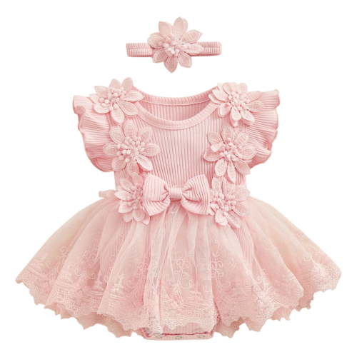 Edvintorg Baby Girl Newborn Clothes Summer 0-18 Months Infant Cotton Outfits Sleeveless Skirt Baby Girl Flower Lace Bow Tie Dress Romper Hair Band Set