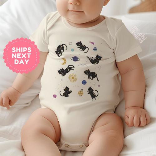 Space Cat Baby Bodysuit, Astronaut Cat Infant Outfit, Galaxy Theme Baby Shower Gift, Black Cat Baby Clothes, Gender Neutral Romper(AD-53)