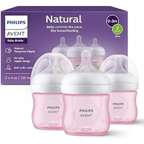 Philips Avent Natural Baby Bottles with Natural Response Nipples (Slow Flow, Flow 2), 4oz, Pink, 3-pack, SCY900/13