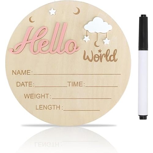 Baby Announcement Sign, ​5.9 Inch Wooden Hello World Newborn Signs, Birth Announcement Sign, Cloud and Stars Decoration, Welcome Newborn Arrival To World, Hospital Nursery for Baby (Pink)