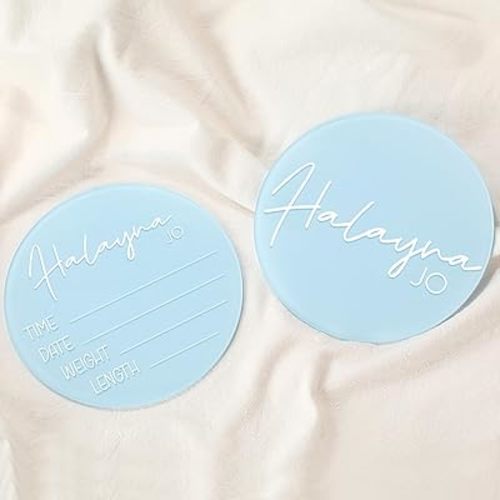 Geelin 2 Pcs Blue Newborn Announcement Acrylic Sign 6 Inch Boy Baby Name Milestone Plaques DIY with 14 Sheets Transfer Letter Stickers for Photo Props Baby Shower Newborn Announcement Sign Disc