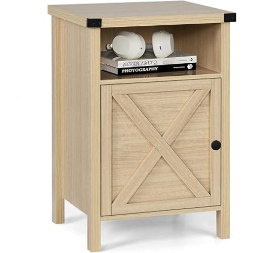 Farmhouse End Table, Side Table, Nightstang, End Table with Barn Door and Shelf, Rustic Modern Bed Night Stand for Bedroom, Living Room, Natural