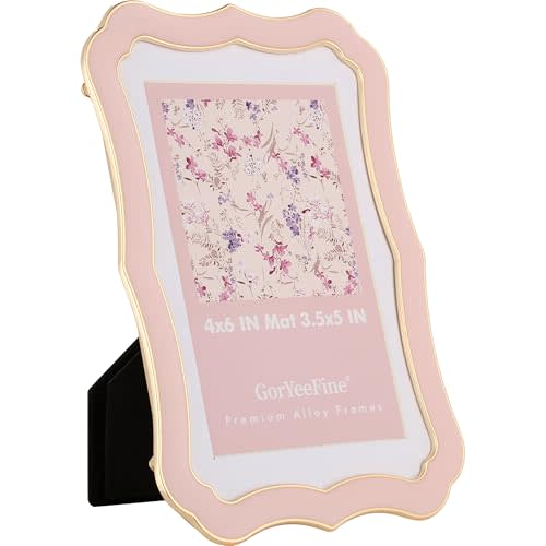 4x6'' High-End Zinc Alloy Pink Picture Frame,Classic Vintage Scalloped Design with Enamel Finish & Premium Acid-Free White Mat for 3.5x5'',Elegant Weddings & Home Décor Photo Frames