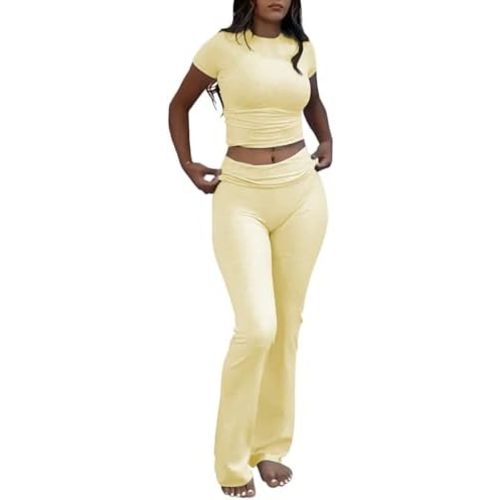 YETOWA Womens 2 Piece Outfits Low Rise Flare Leggings Short Sleeve Top Soft Stretchy Lounge Set Yoga Casual
