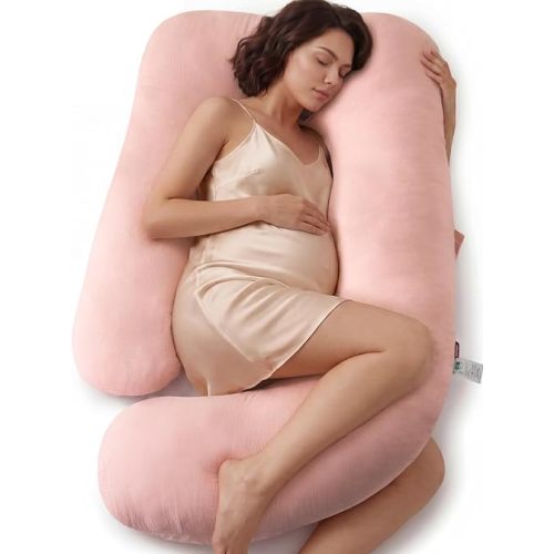Momcozy Pregnancy Pillows for Sleeping, U Shaped Full Body Maternity Pillow with Removable Cover - Support for Back, Legs, Belly, HIPS for Pregnant Women, 57 Inch Pregnancy Pillow, Cotton Pink
