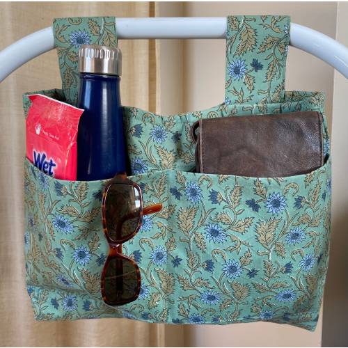 Green Floral Designer Stroller Tote Bag, Hands Free Diaper Bag, Stroller Pram Caddy, Gift for New Mom, Baby Gift, Best Baby Shower Gift