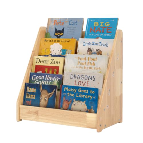 5-Tier Rubber Wood Kids Bookshelf, Montessori Toddler Bookcase, Wooden Book Organizer for Nursery Playroom Classroom, 16.34" x 15.75", Natural
