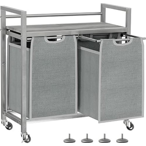 SwaaVee Laundry Hamper, Laundry Basket, Laundry Sorter with 3 Removable Bags, Clothes Basket with 3 Compartments, Wheels, Shelf for Laundry Room Bathroom Bedroom (2 Bags-Gray)