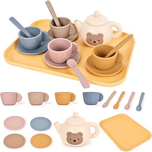Tea Party Set for Little Girls Boys, Silicone Tea Set Toys with Teapot Cups Coasters Spoon Tray, Kitchen Accessories Pretend Play Learn & Discover Playset for Toddler