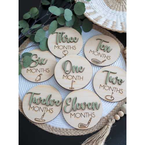 Golf Baby Monthly Milestone Discs – Wooden Sports Photo Prop Set