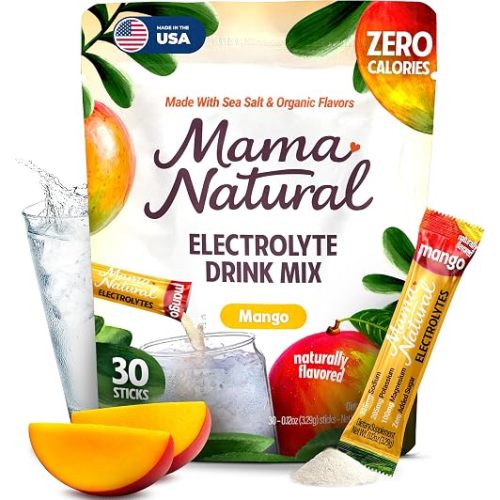 Mama Natural Electrolytes Powder Packets – Instant Hydration with natural Sea Salt, Potassium & Magnesium Glycinate – Sugar Free, Organic Mango Flavor – 30 Travel Sticks for Postpartum & Pregnancy