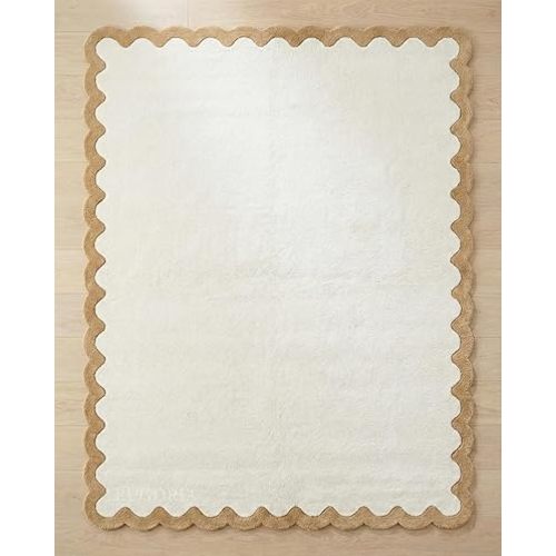 Hand-Tufted Wool Area Rug with Scalloped Edge, Plush Ivory Solid Carpet with Contrast Border, Soft Thick Cotton Backing Rug for Living Room Bedroom Home Decor (Beige, 6' Round)