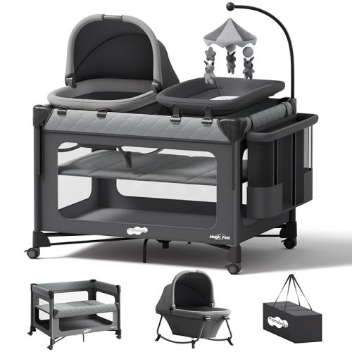 Pamo Babe Pack and Play with Bassinet - 7 in 1 One-Step Setup Bedside Crib, Portable Playpen, Travel Crib, Baby Playard with Diaper Changing Station, Toy Bar & Large Storage Bag