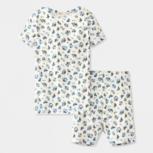 Baby Girls' 2pc Floral Cozy Knit Ribbed Tight Fit Pajama Set - Cat & Jack™ White/Blue 18M