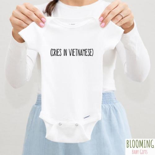 Cries in Vietnamese Baby Outfit, Funny Pregnancy Announcement, Vietnam Themed Baby Gift, Coming Home Outfit, Cute Baby Clothing