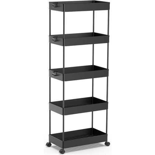 SPACEKEEPER 5-Tier Rolling Cart, Bathroom Storage Organizer Utility Cart, Mobile Shelving Unit Slide Out Shelves for Kitchen Living Room Laundry Room & Dressers, Black