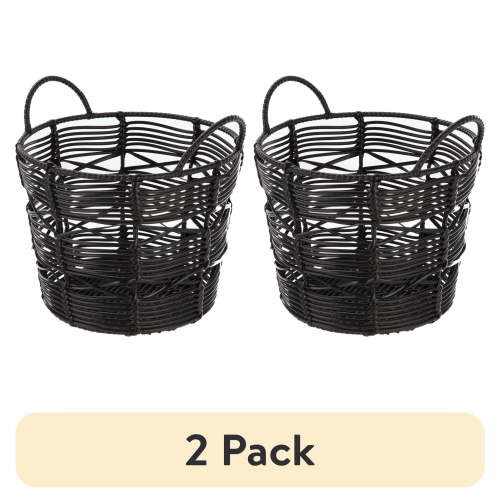 (2 pack) Homezone 9" Plastic Round Black Abstract Basket with Handles