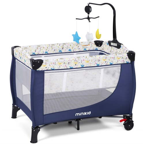 Minikid Baby Playard with Bassinet,Unisex Playpen Include Music Box and Hanging Toys,Portable Crib for Newborn to Toddlers,Blue