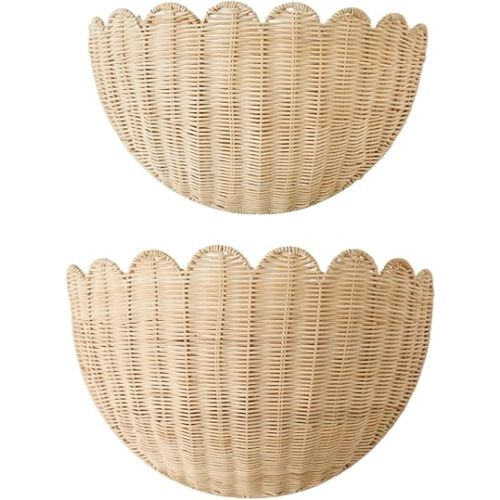 Scalloped Wall Hanging Shelves, Hand-Woven Wicker Wall Basket Decor, Boho Natural Rattan Decor – for Home, Living Room, Nursery Room ((16 x 12 x 7 & 14 x 8 x 6 Inch))