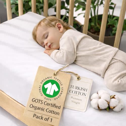 1 Pack GOTS Organic Mini Crib Sheets Fitted - 38x26 Pack N Play Sheets for Pack and Play Mattress, Premium Weight Turkish Cotton Neutral Toddler Playard Bedding, Mini Baby Cover Boy, Girl