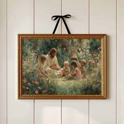 Jesus with Children in Blooming Garden | Tender Faithful Moment in Floral Light