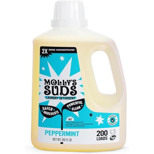Molly's Suds Liquid Laundry Detergent | Clean Laundry Detergent Soap for Sensitive Skin | 2x Concentrated, High Efficiency (HE) (Peppermint - 200 Loads)