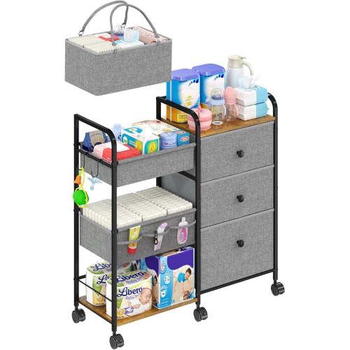 Gofinoday 2In1 Baby Diaper Caddy Organizers and Storage, 3 Tier Rolling Cart with Dividers and Drawers, Mobile Utility Cart Baby Dresser Clothes Organizer for Changing Table, Crib Nursery, Bedroom