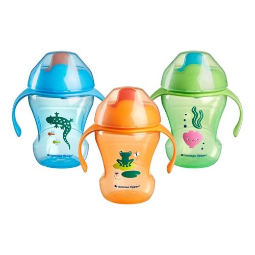 Tommee Tippee Sippee Cup, 9m+, 10oz, Pack of 3 Non-Spill Water Bottles for Toddlers, Red, Purple and Green, Bite-Resistant Spout, Easy to Hold, Leak-Proof and BPA Free