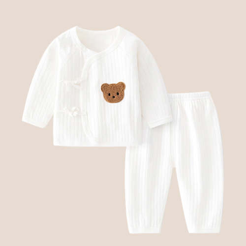 Heirloom Bear Ribbed Cotton Baby Set – Newborn Wrap Top & Pants